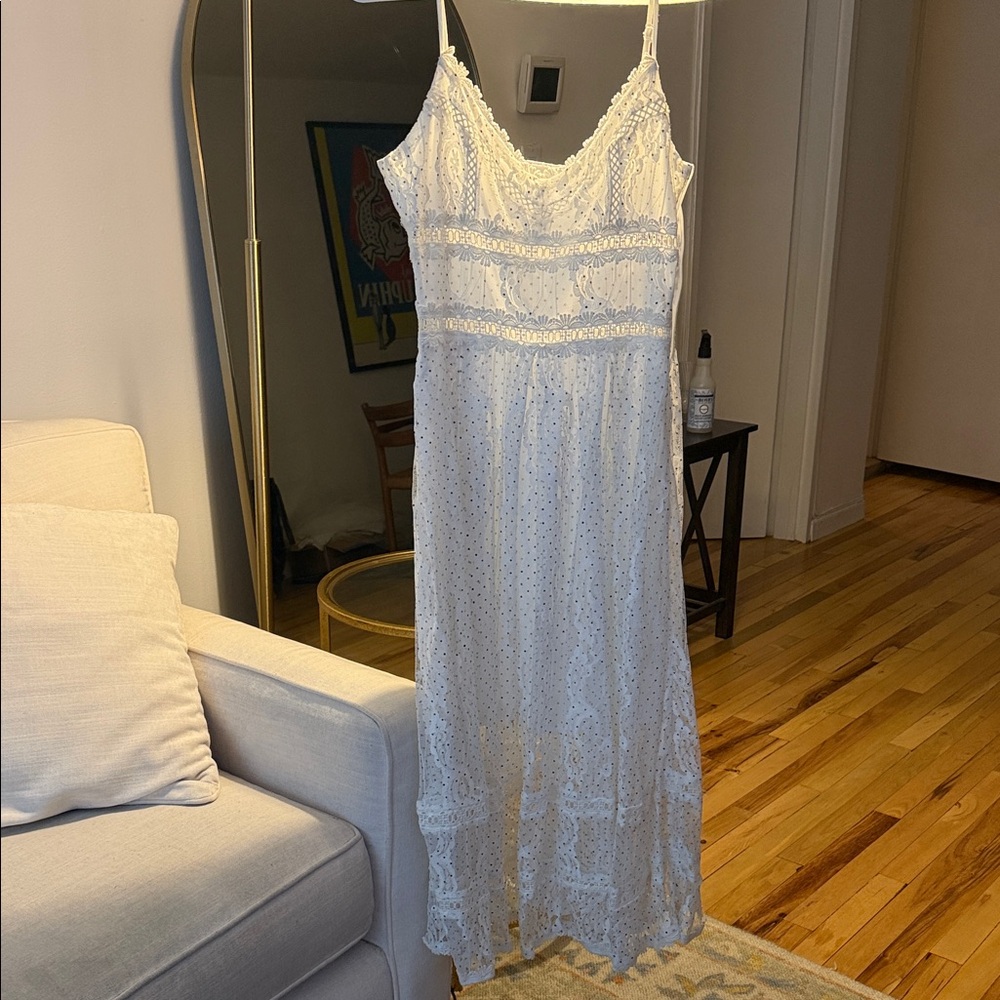White Polka Dot Lace Maci Dress with Spaghetti Straps